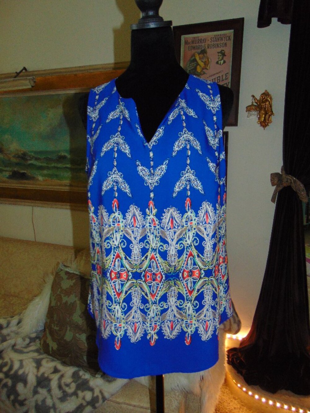 Renee C. Blouse Tank Top Blue and Multicolor Wasp Geometric Print Summer Vibes M